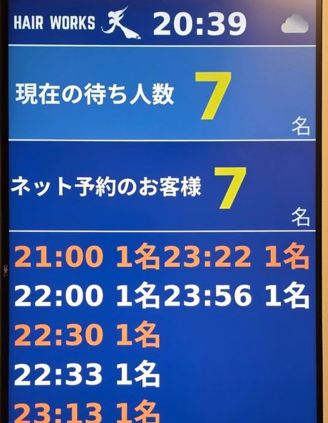 店内サイネージの画面。現在の待ち人数とネット予約の人数が大きく表示されている