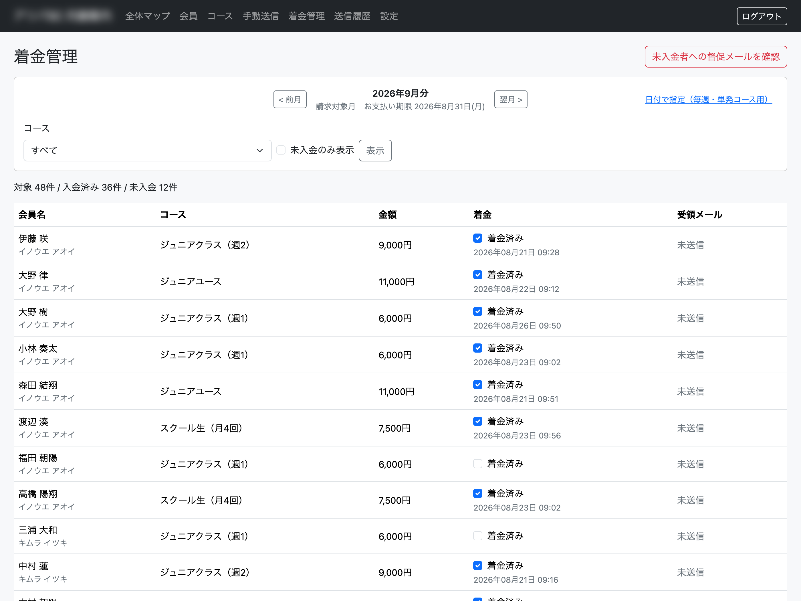 着金管理の画面。対象48件のうち入金済み36件・未入金12件が自動で集計される