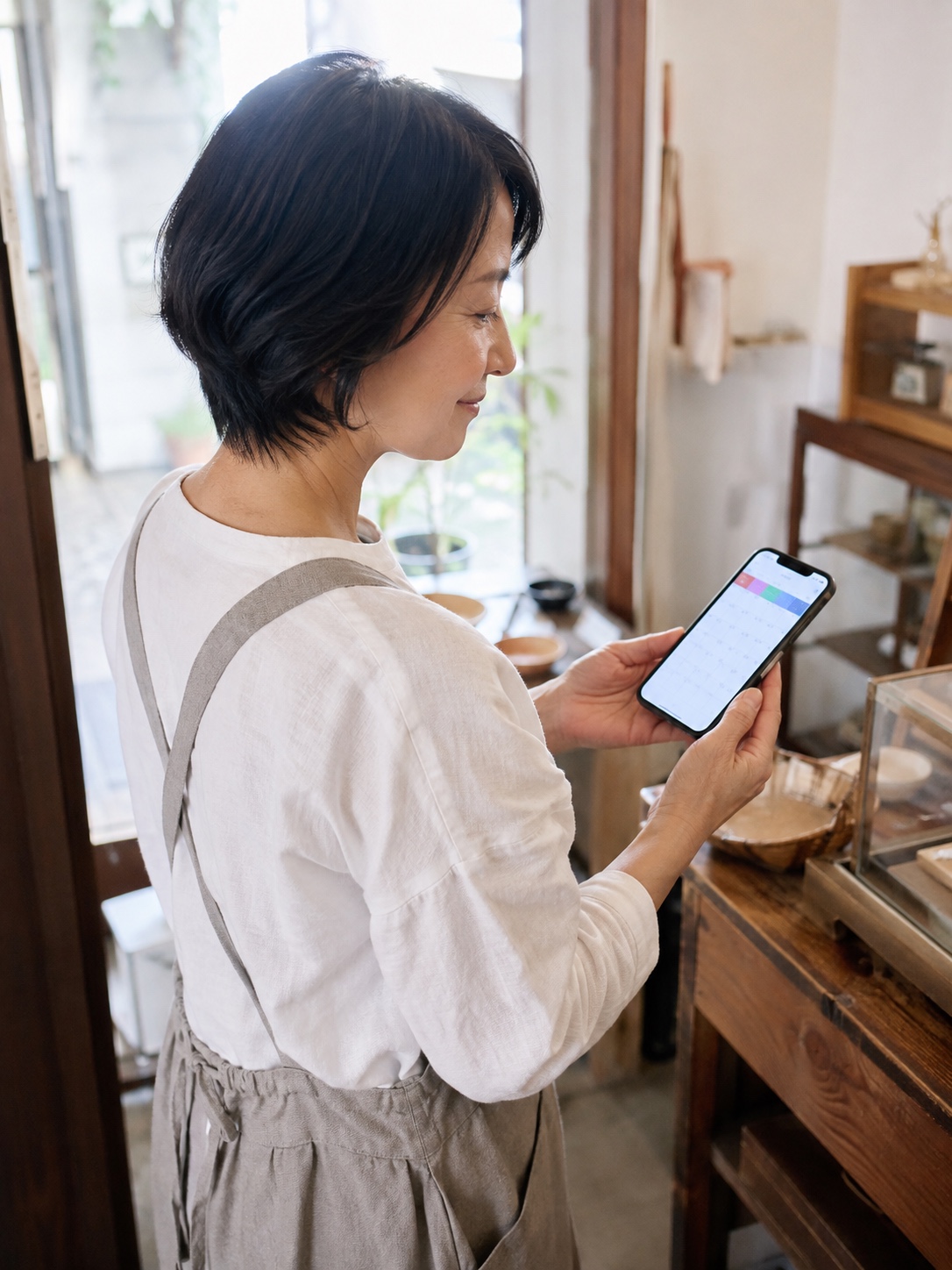 店舗オーナーがスマートフォンで予約状況を確認している様子
